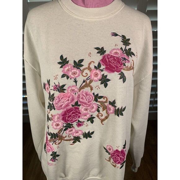 Vtg Grandma Core Double Collar White Pink Flowers Sweatshirt M/L K Hamilton - Picture 2 of 12